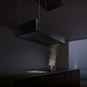 Gaggenau Dunstabzugshaube: Luxuriöse, freihängende schwarze Dunstabzugshaube von Gaggenau – Design-Highlight in der Küche