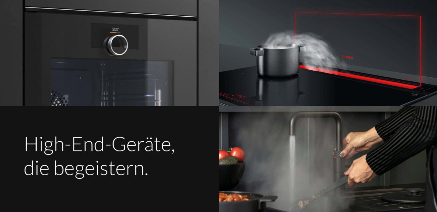 Moderne Designküche mit integriertem Backofen und Induktionskochfeld – hochwertige Küchengeräte
