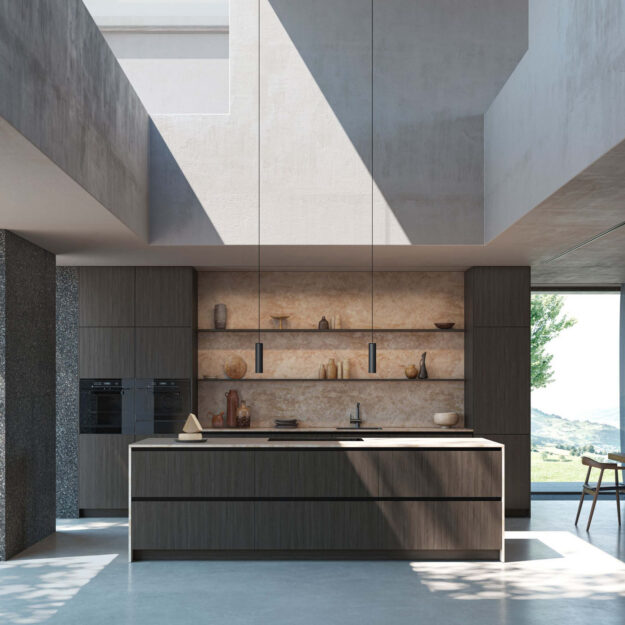Minimalistische Poggenpohl Küche mit dunkler Holzoptik, Natursteinrückwand und großzügiger Kücheninsel im modernen Loftstil